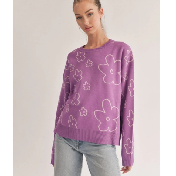 "The Constance" Purple Flower Print Sweater - Picture 1 of 3